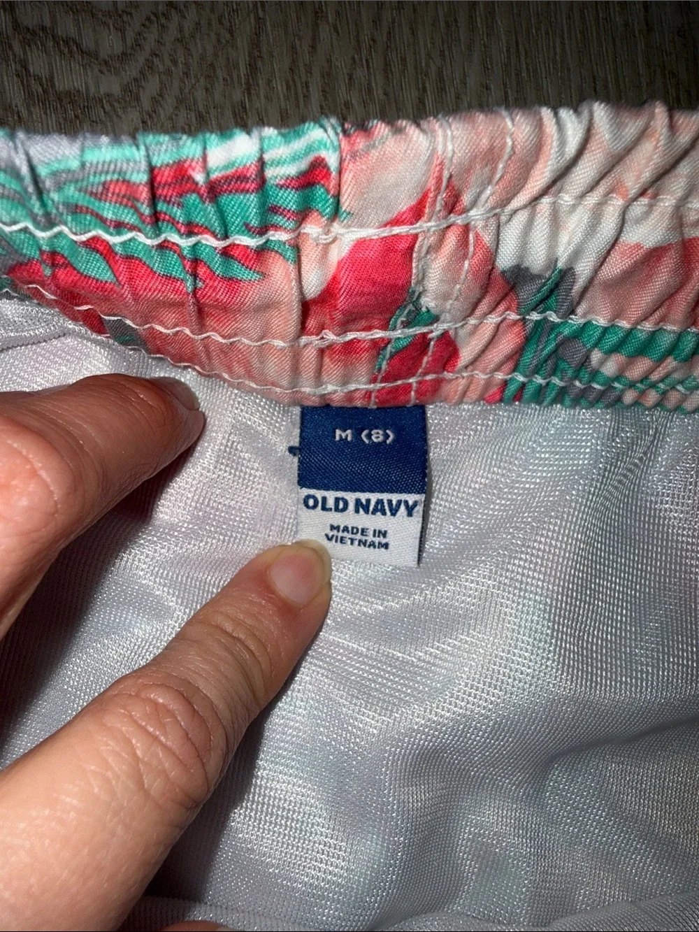 Old Navy Pink Flamingo Print Swim Trunks with Teal Palm Leaves